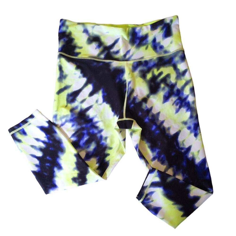 Athleta Tie Dye Capri Leggings 1X Neon Yellow Blue Elation Athletic Yoga